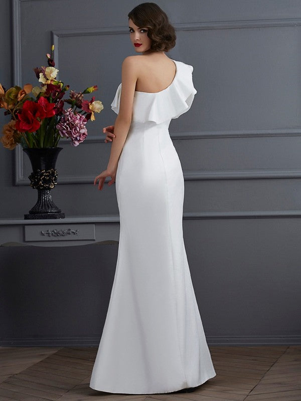 Vestidos largos de tafetán con volantes, sin mangas y un solo hombro, corte trompeta/sirena